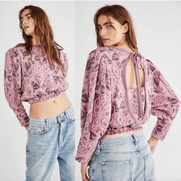 Free People No Ordinary Floral Jacquard Knit Puff Sleeves Top Pink Open Back - Picture 1 of 16